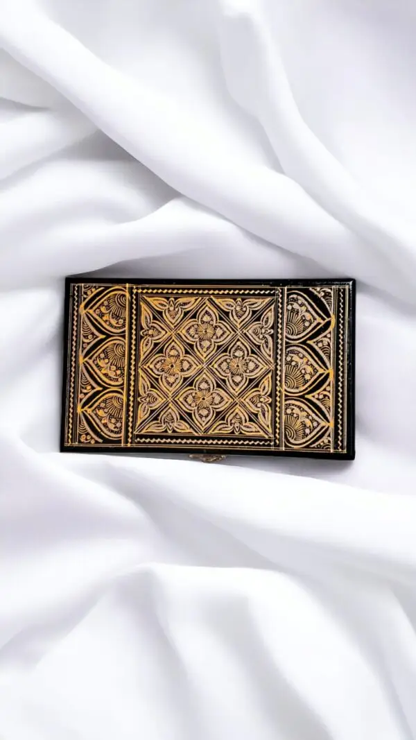 Hand-Carved Wooden Jewelry Box with Golden Brass Inlay