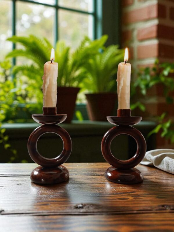 Wooden Circle Ring Candlestick Holders (Pair)